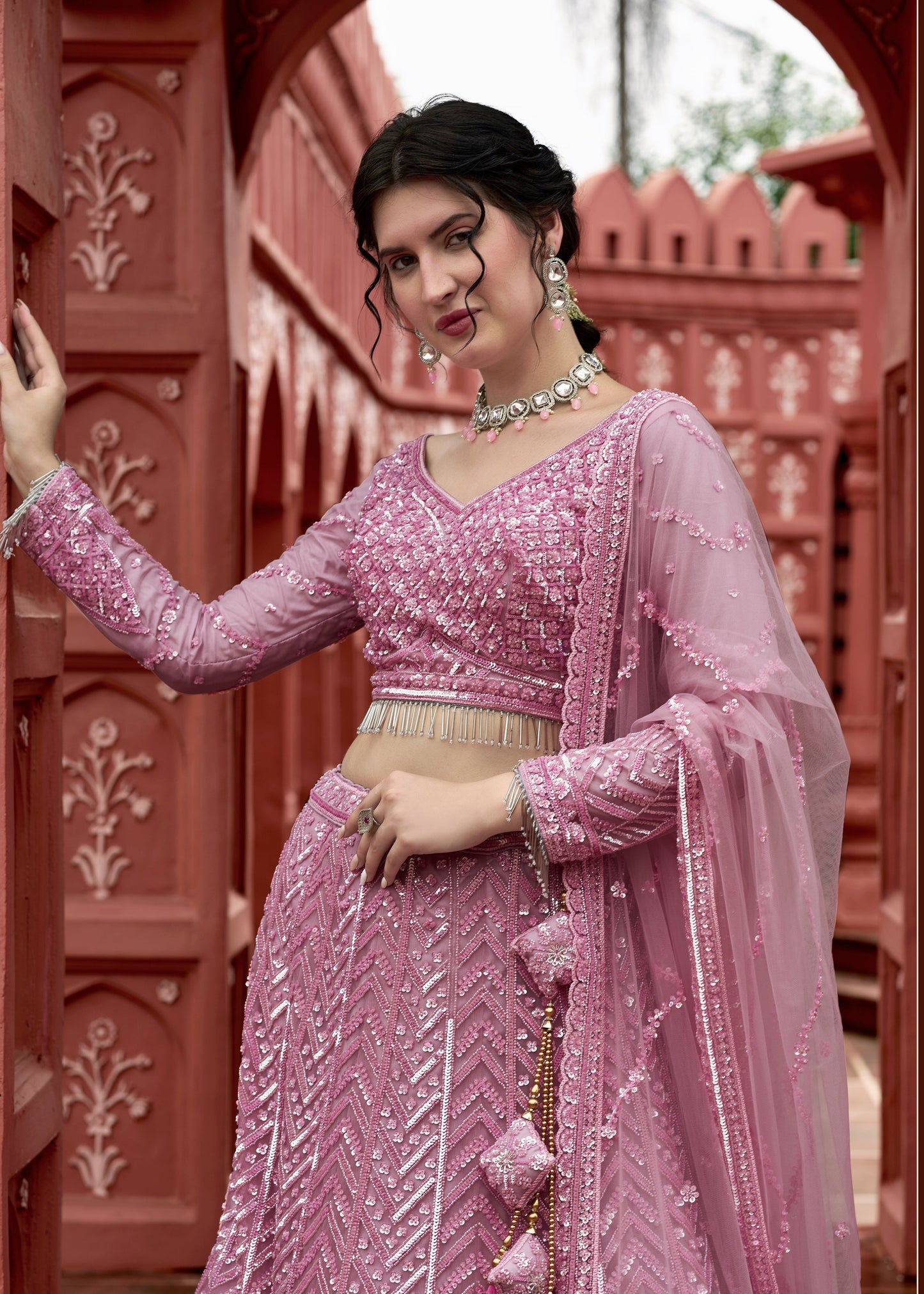"Pink Sequins Floral Embroidered Net Lehenga Choli" - Crafted Just for You. Minimum Delivery 20 Days