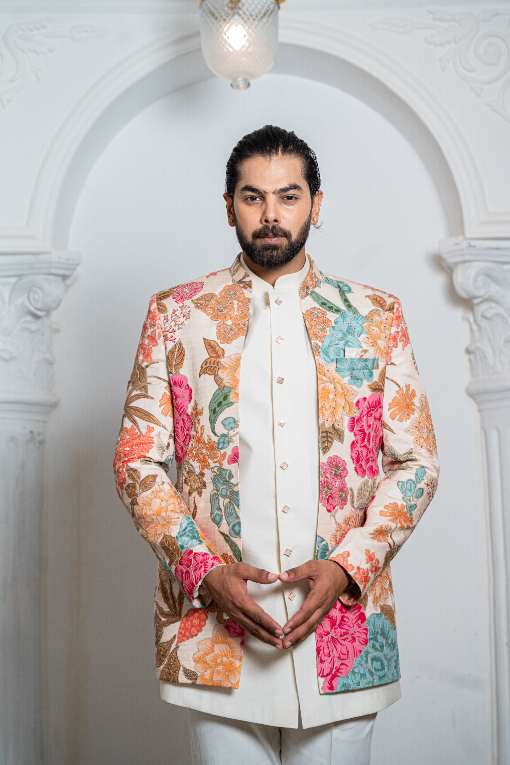 Floral Cream Indo Western Set - Crafted Just for You. Minimum Delivery: 20 Days