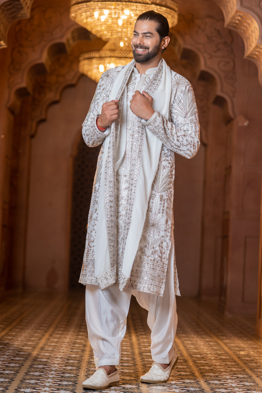 Ivory Embroidered Sherwani with Dupatta - Crafted Just for You. Minimum Delivery: 20 Days