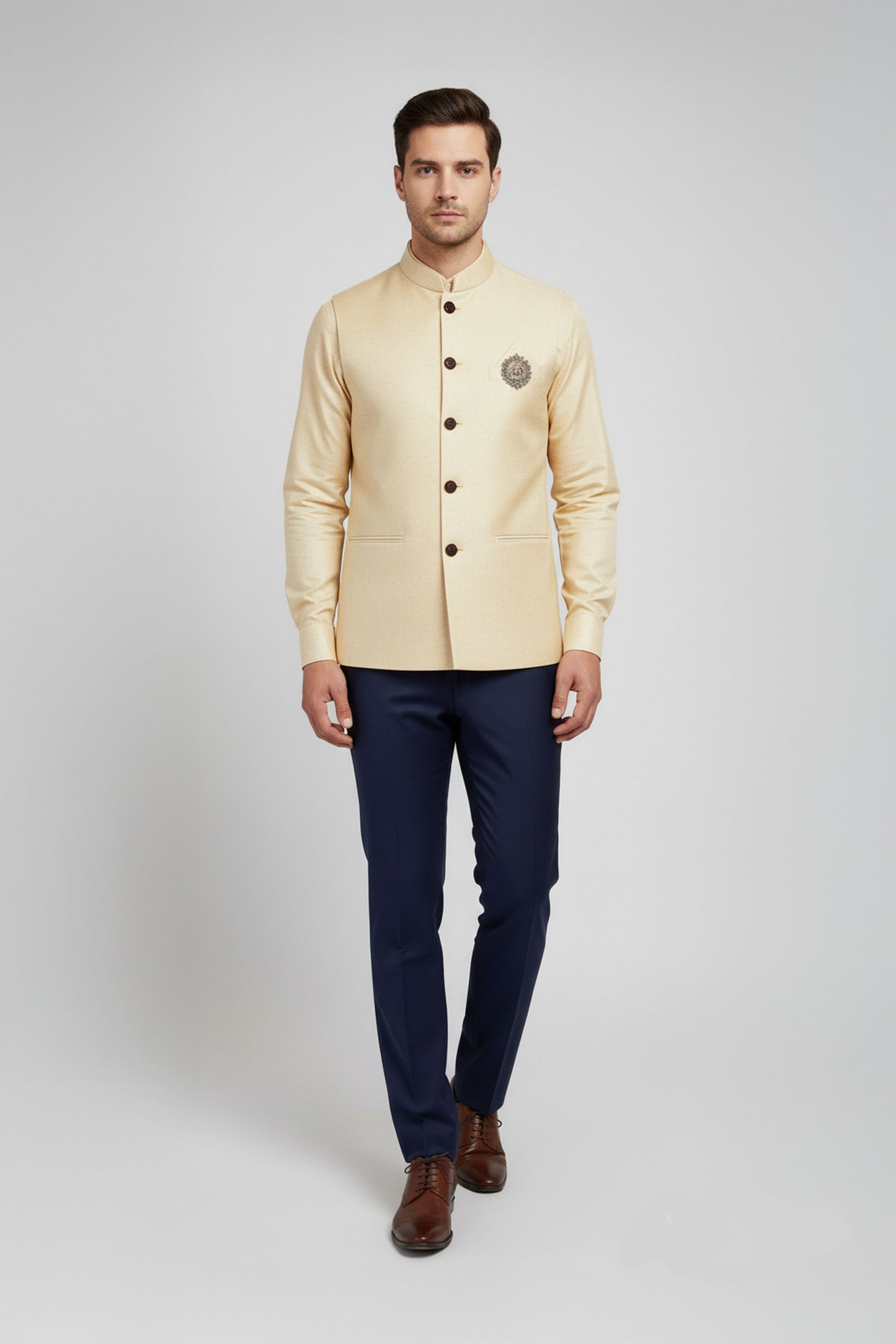 Cream Textured Nehru Jacket with Matching Shirt
