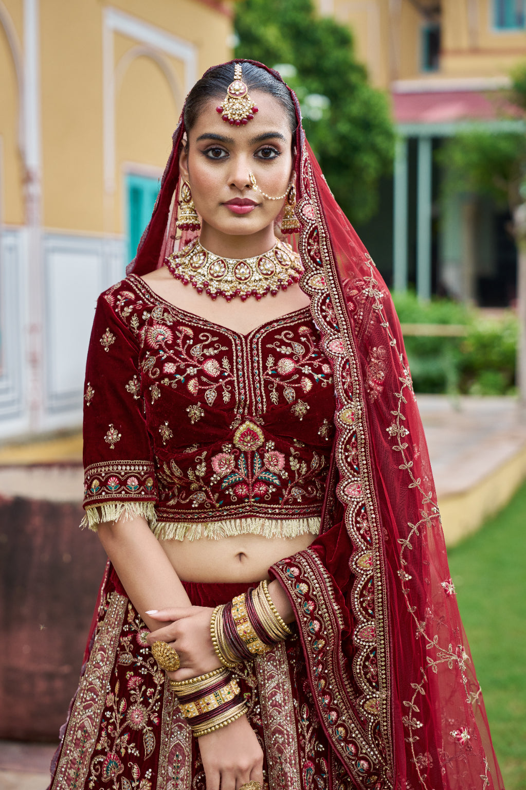 Maroon Velvet Zardosi Embroidered Bridal Lehenga - Crafted Just for You. Minimum Delivery 20 Days