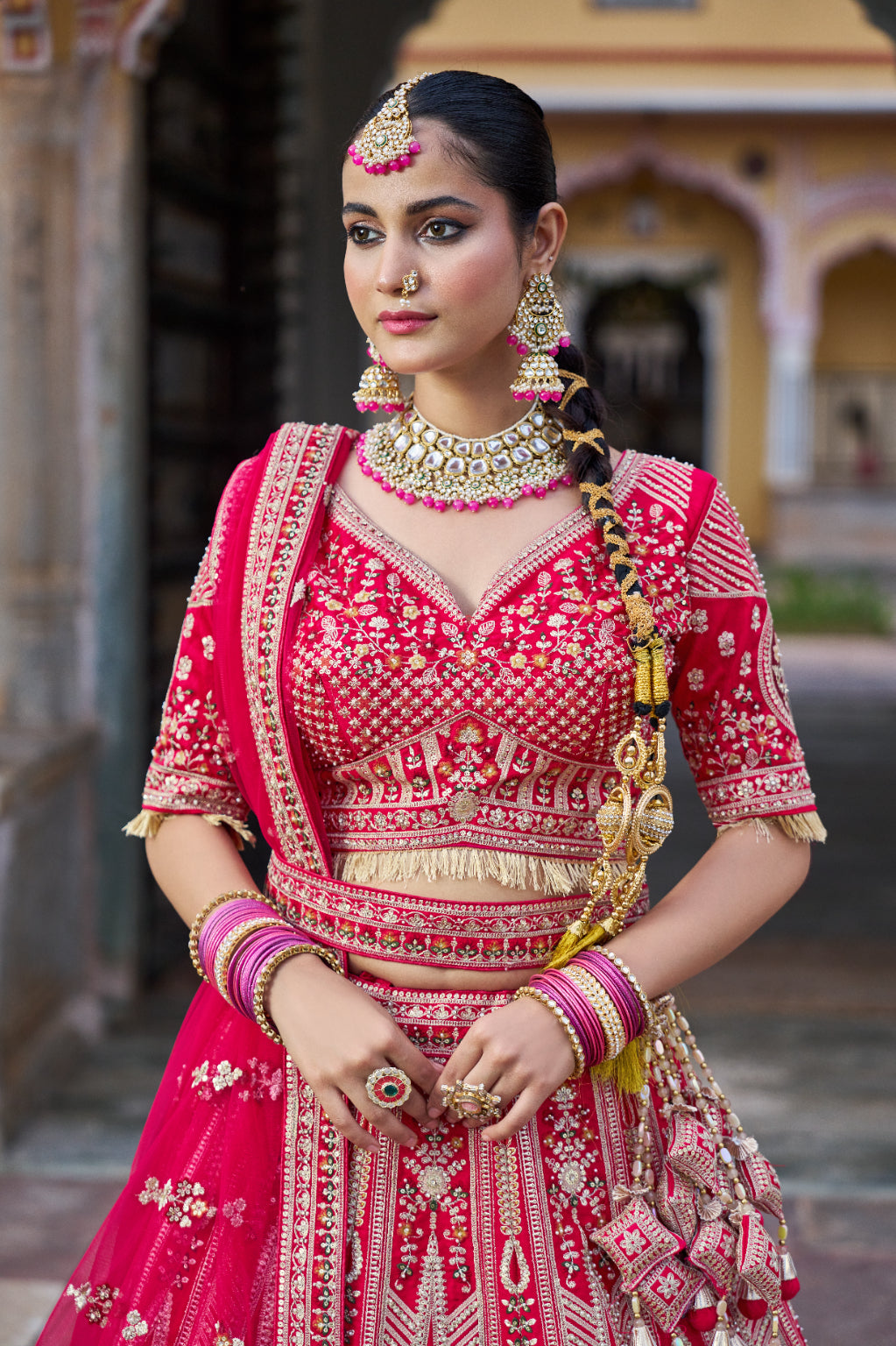 Reddish Pink Zardozi Embroidered with Threadwork Bridal Lehnga - Crafted Just for You. Minimum Delivery 20 Days
