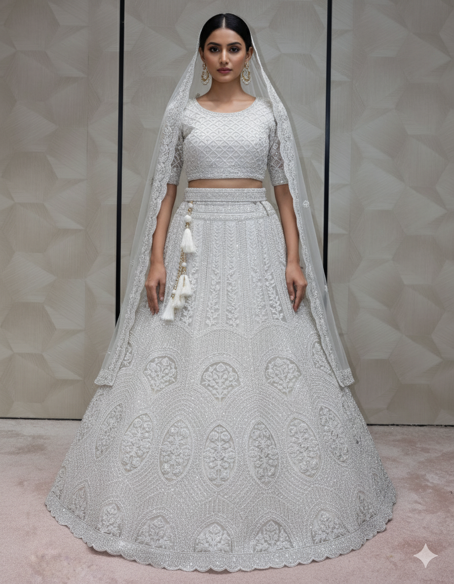 Monotone Silver/Off-White Heavily Embroidered Lehenga - Crafted Just for You. Minimum Delivery 20 Days