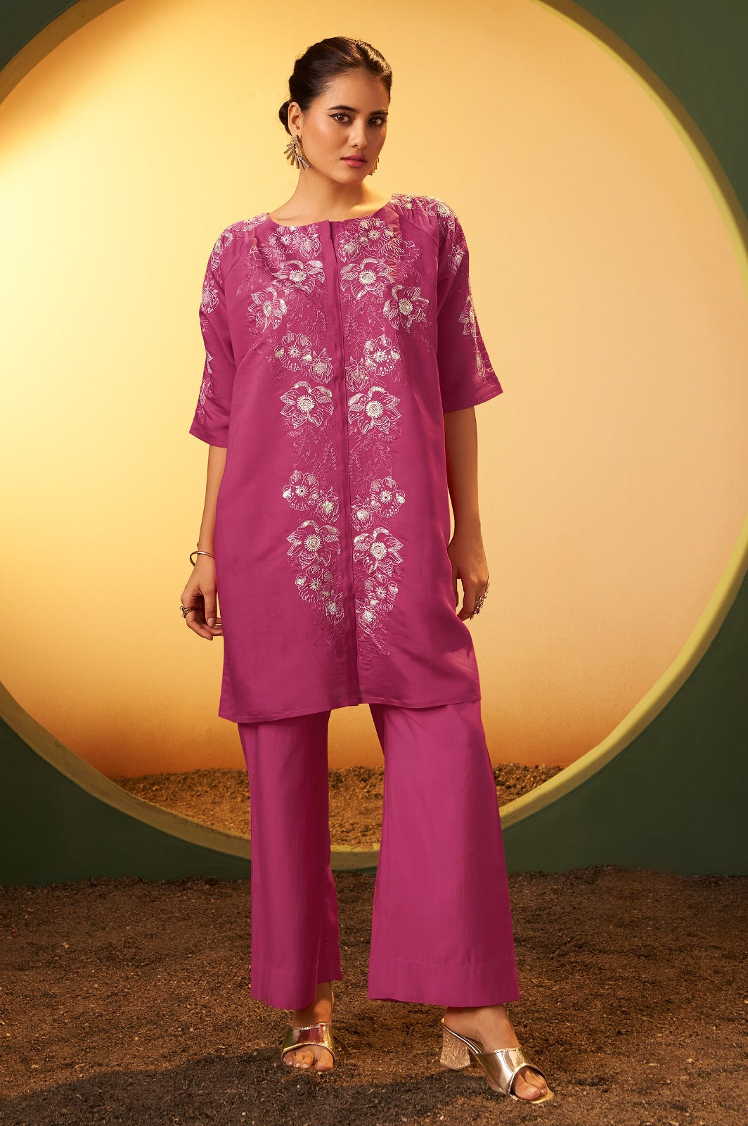 Bold Fuchsia Embroidered Tunic Set