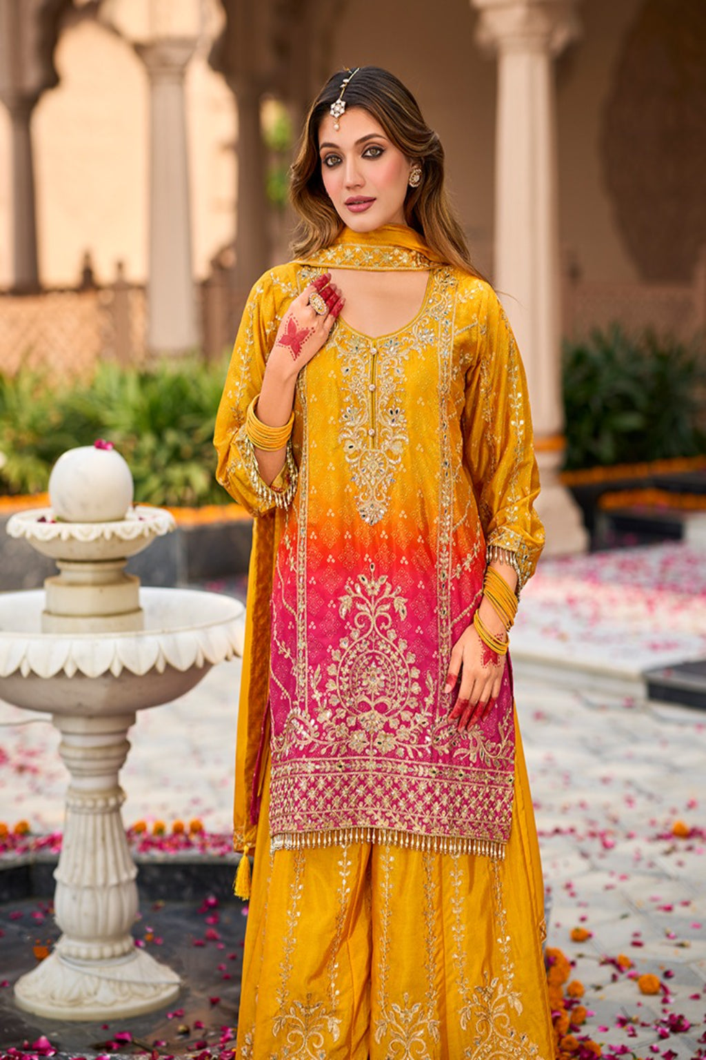 Radiant Mustard & Pink Embroidered Punjabi Suit for Women
