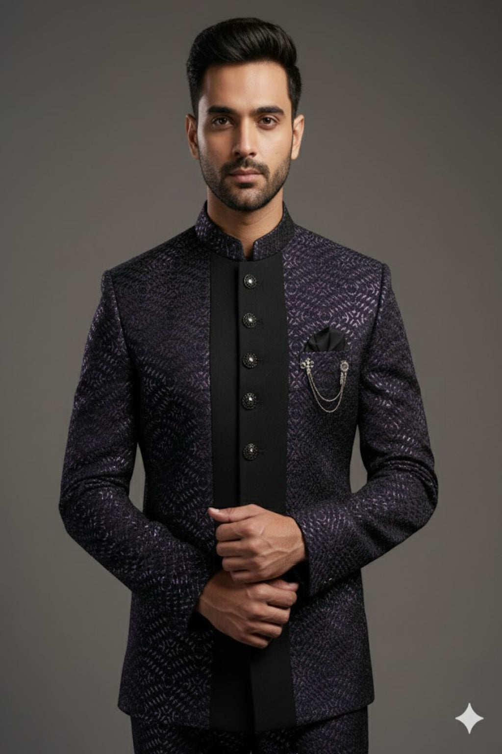 Stitched Designer Suit With Unstitched Pant Fabric – Black Purple Texture