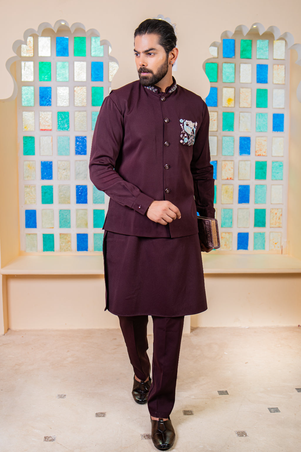 Elegant Wine Indo-Western Set - Crafted Just for You. Minimum Delivery: 20 Days