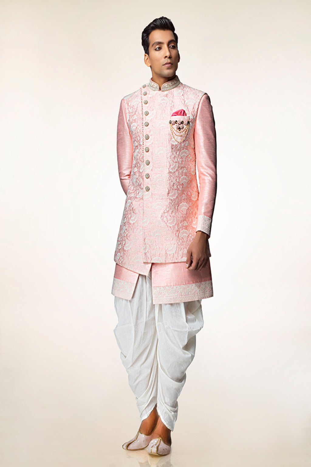 Pastel Pink Sherwani with Dhoti - Crafted Just for You. Minimum Delivery: 20 Days