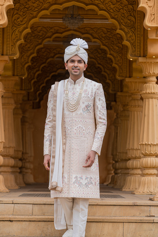 Ivory Embroidered Sherwani Set with Dupatta - Crafted Just for You. Minimum Delivery: 20 Days