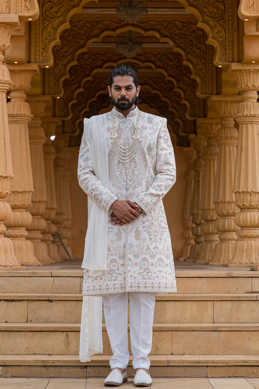 Ivory Embroidered Sherwani Set with Dupatta + Crafted Just for You. Minimum Delivery: 20 Days