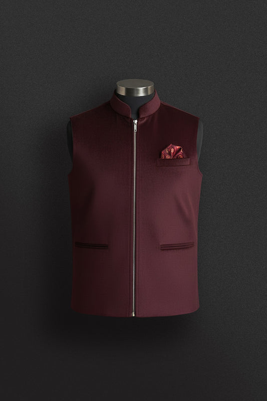 Maroon Zipper Modi Jacket with Silk Pocket Square - Crafted Just for You.