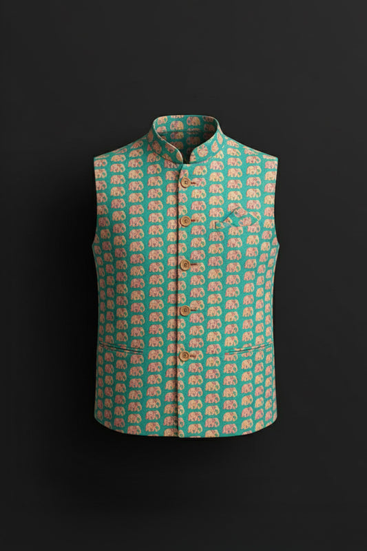 Sea Green Elephant Print Nehru Jacket – Crafted Just for You. Minimum Delivery: 20 Days