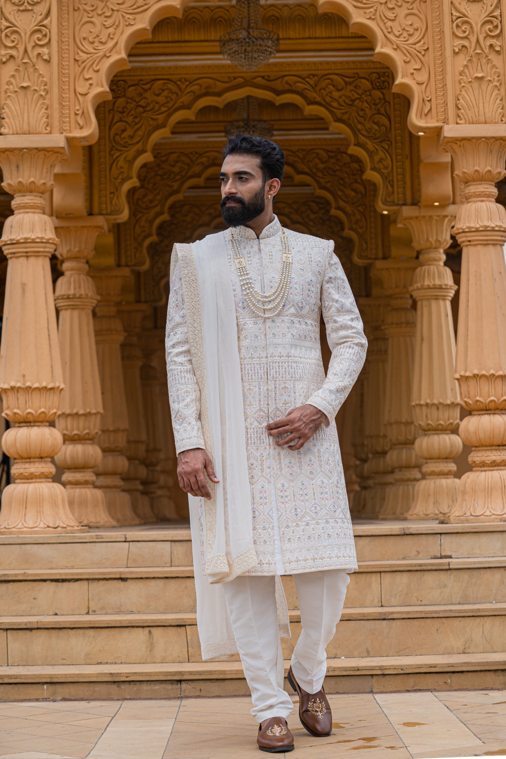 Ivory Embroidered Sherwani with Dupatta - Crafted Just for You. Minimum Delivery: 20 Days