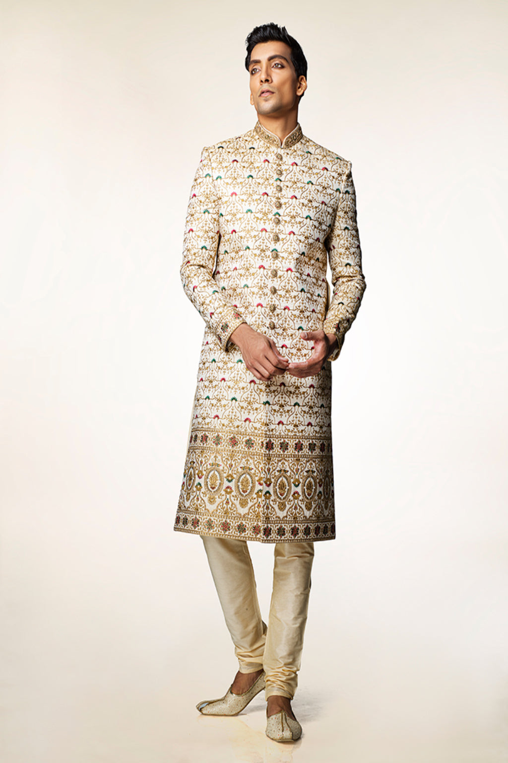 Ivory and Gold Embroidered Sherwani Set - Crafted Just for You. Minimum Delivery: 20 Days