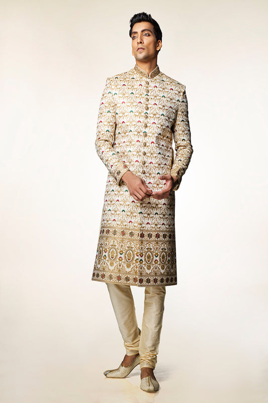 Ivory and Gold Embroidered Sherwani Set - Crafted Just for You. Minimum Delivery: 20 Days