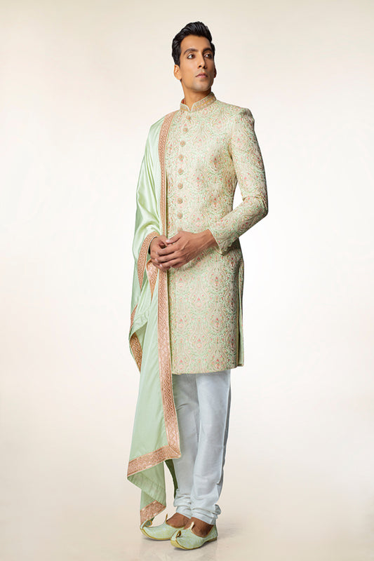 Pastel Green Embroidered Sherwani with Dupatta - Crafted Just for You. Minimum Delivery: 20 Days