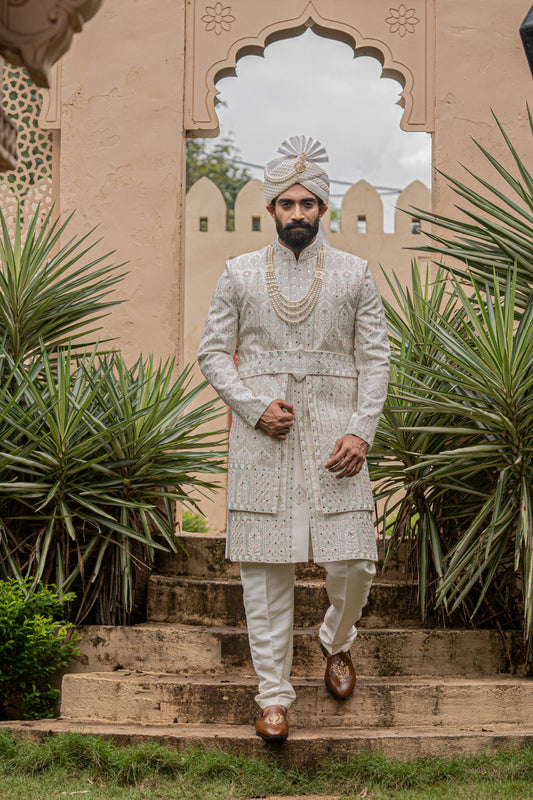 Ivory Embroidered Sherwan - Crafted Just for You. Minimum Delivery: 20 Days