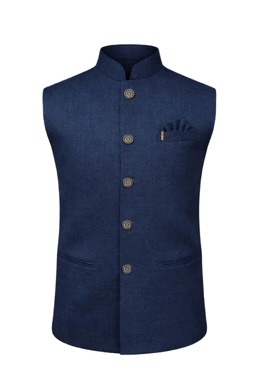 Men Royal Blue Plain Bundi & Modi Jacket