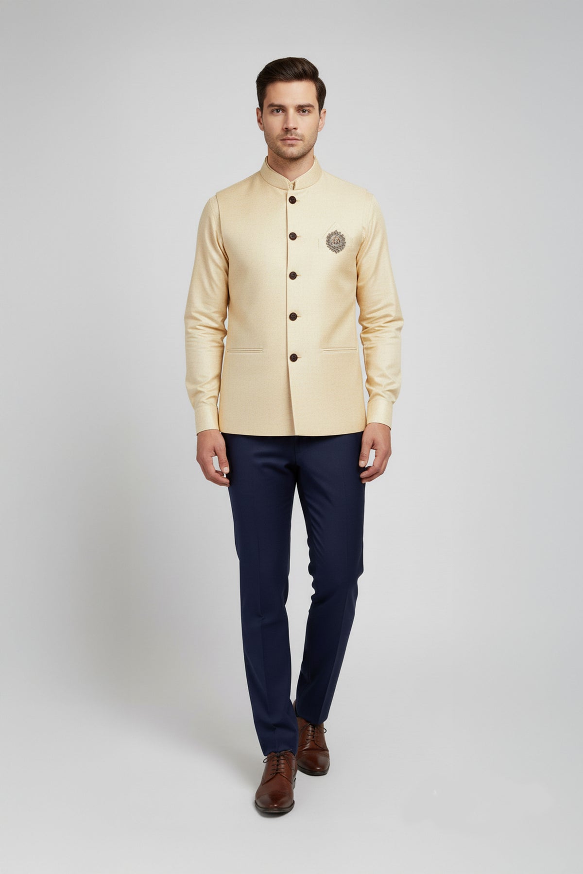 Cream Textured Nehru Jacket with Matching Shirt