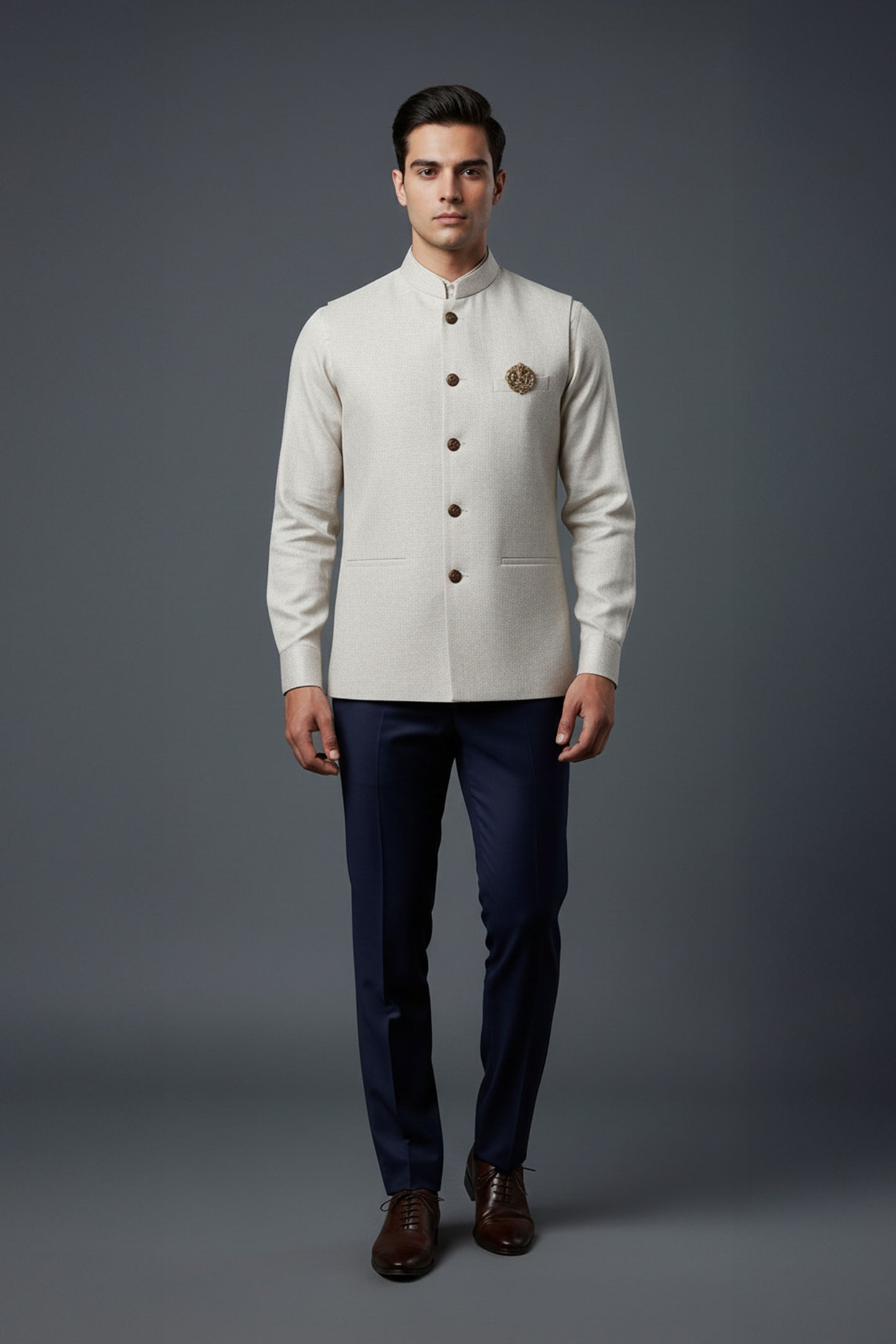 Ivory Textured Nehru Jacket with Matching Shirt