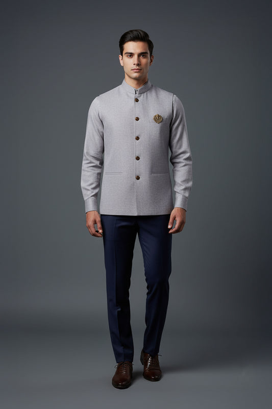 Light Grey Textured Nehru Jacket with Matching Shirt