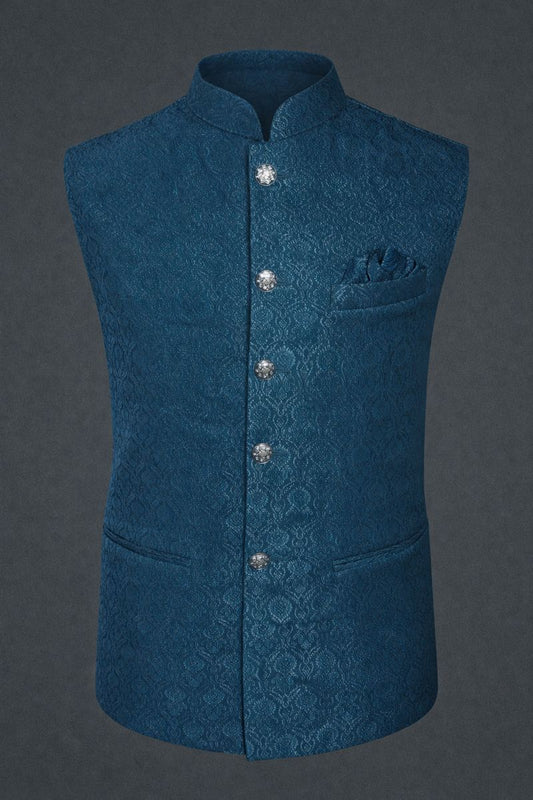 Men Teal Blue Jacquard Bundi Jacket