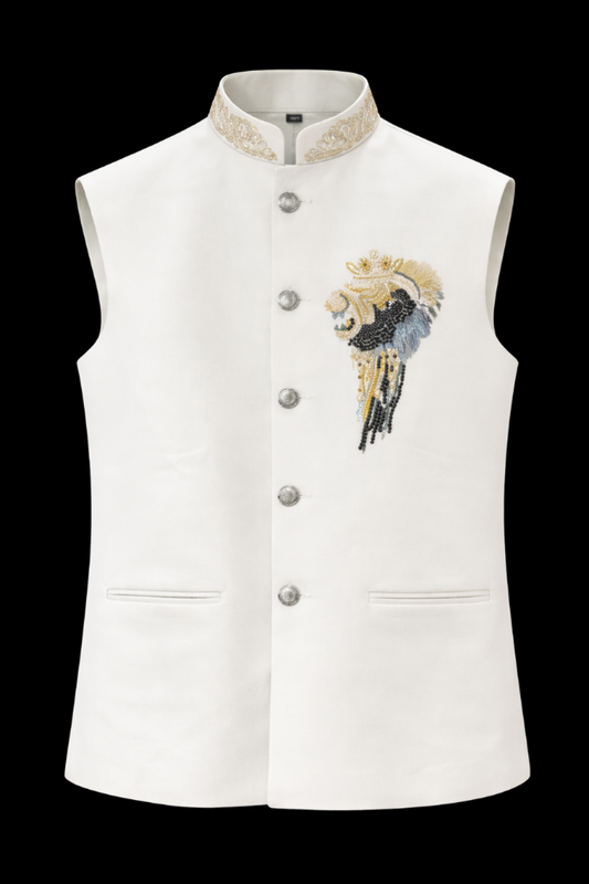 Ivory Nehru Jacket with Handcrafted Beaded Lion Emblem