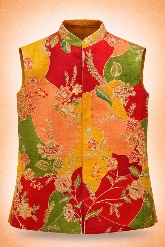 Men’s Multicolor Floral Embroidered Patchwork Ethnic Jacket