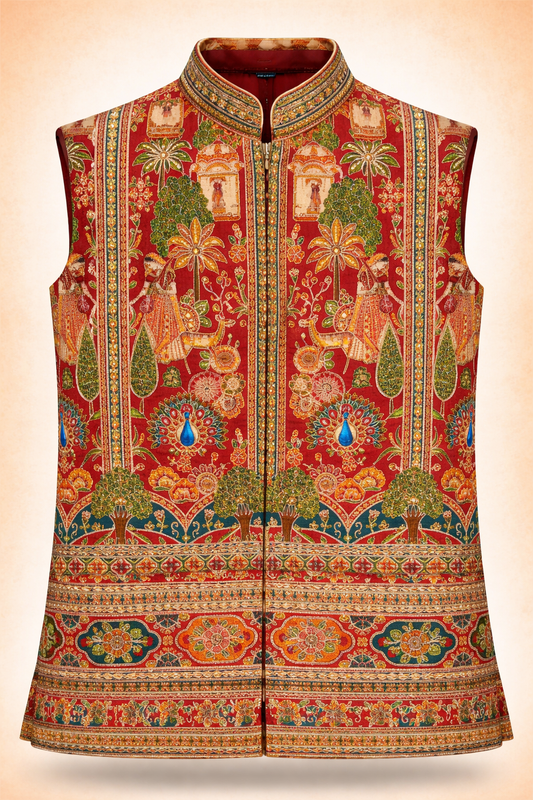 Men’s Red Multicolor Royal Scenic Embroidered Ethnic Jacket