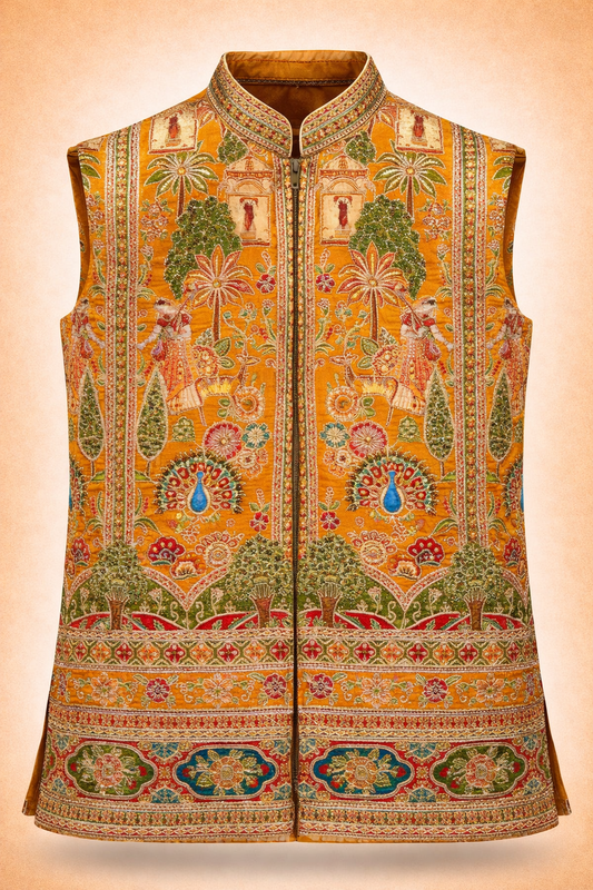 Men’s Mustard Yellow Multicolor Royal Scenic Embroidered Ethnic Jacket