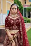 Maroon Velvet Zardosi Embroidered Bridal Lehenga - Crafted Just for You. Minimum Delivery 20 Days