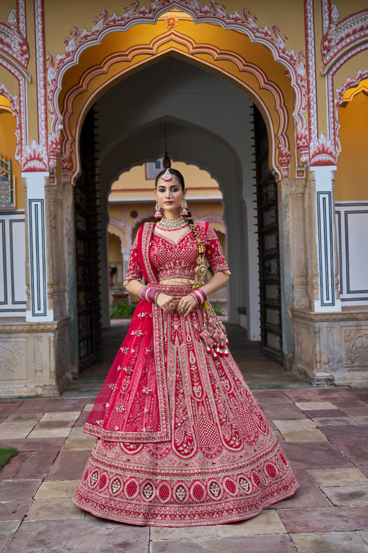Reddish Pink Zardozi Embroidered with Threadwork Bridal Lehnga - Crafted Just for You. Minimum Delivery 20 Days