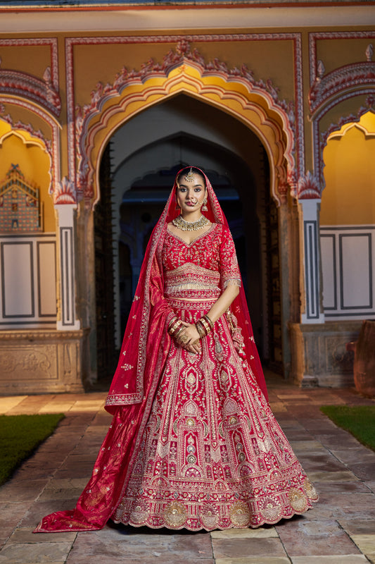 Royal Red Heavy Embroidered Silk Bridal Lehenga Choli - Crafted Just for You. Minimum Delivery 20 Days