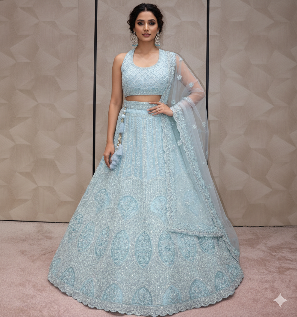 Beautiful Light Blue Heavily Embroidered Lehenga - Crafted Just for You. Minimum Delivery 20 Days