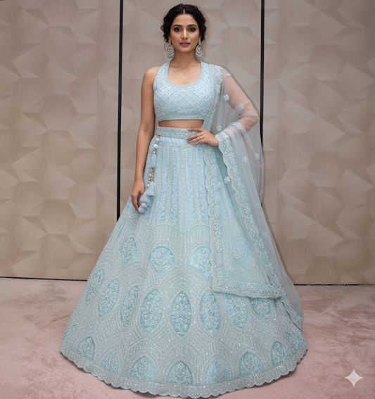 Beautiful Light Blue Heavily Embroidered Lehenga - Crafted Just for You. Minimum Delivery 20 Days