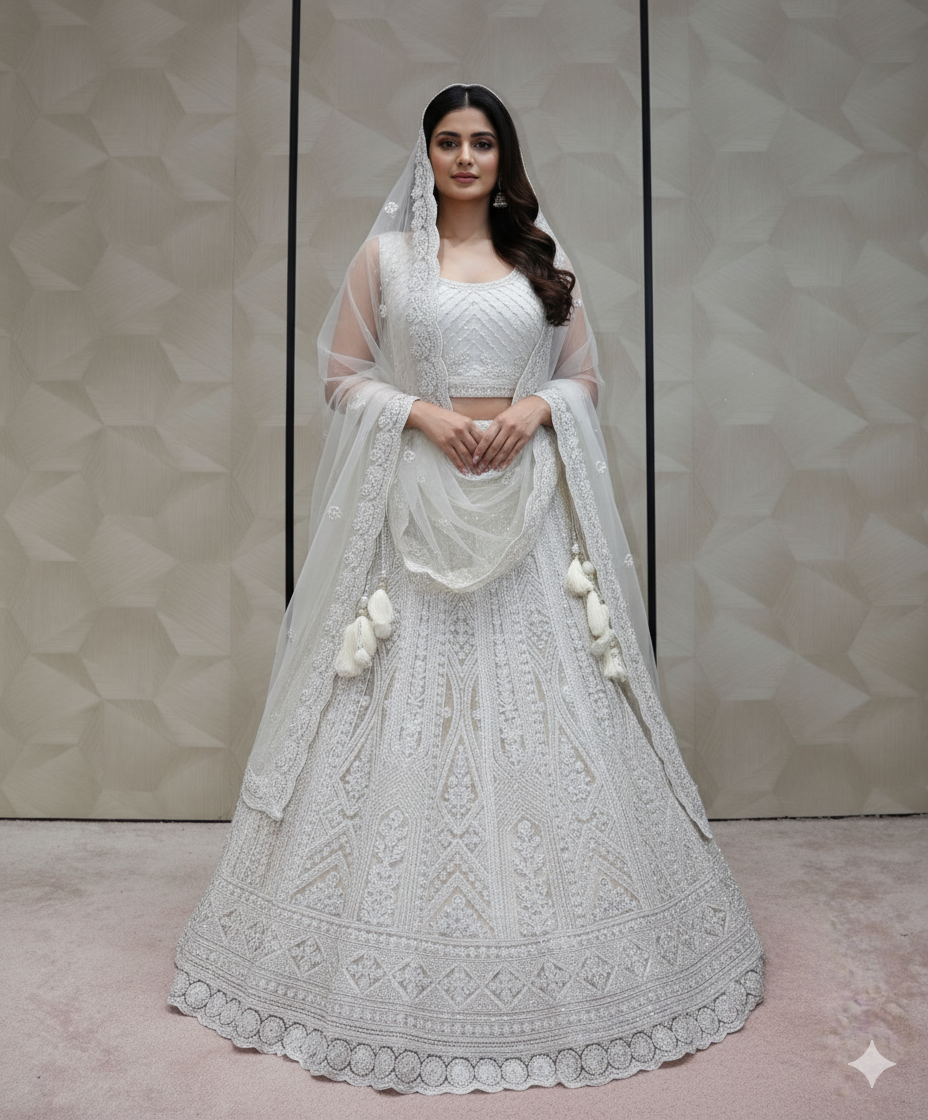 Off-White Chikankari or Threadwork Lehenga  - Crafted Just for You. Minimum Delivery 20 Days