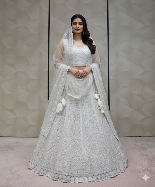 Off-White Chikankari or Threadwork Lehenga  - Crafted Just for You. Minimum Delivery 20 Days