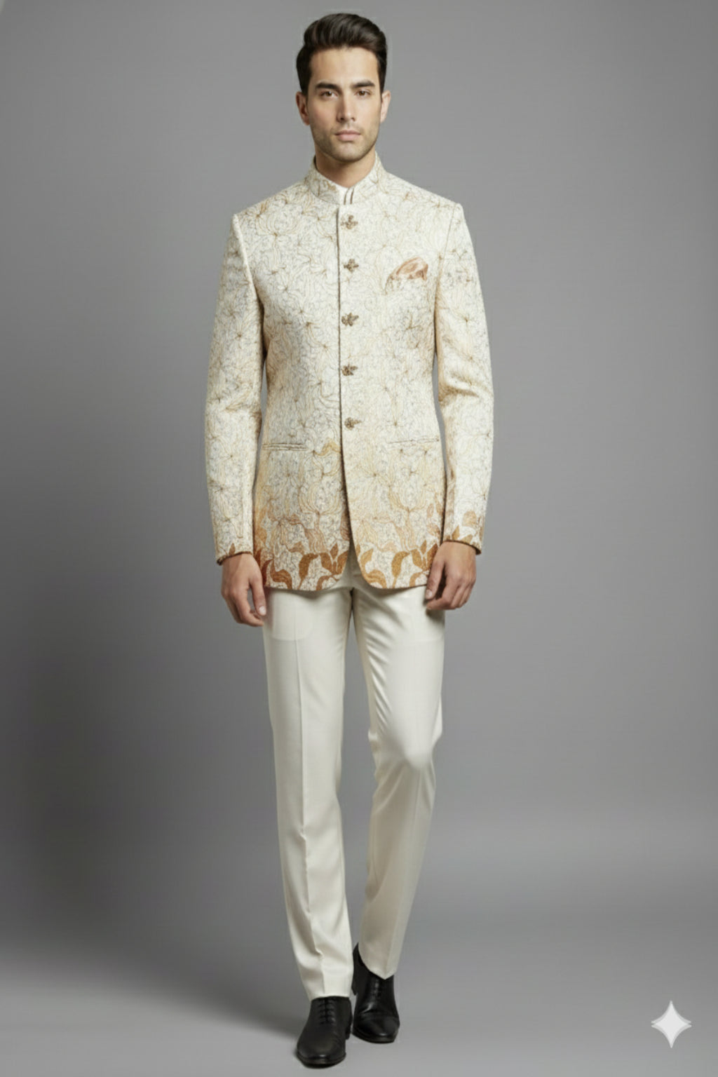 Stitched Designer Suit With Unstitched Pant Fabric – Cream Gold