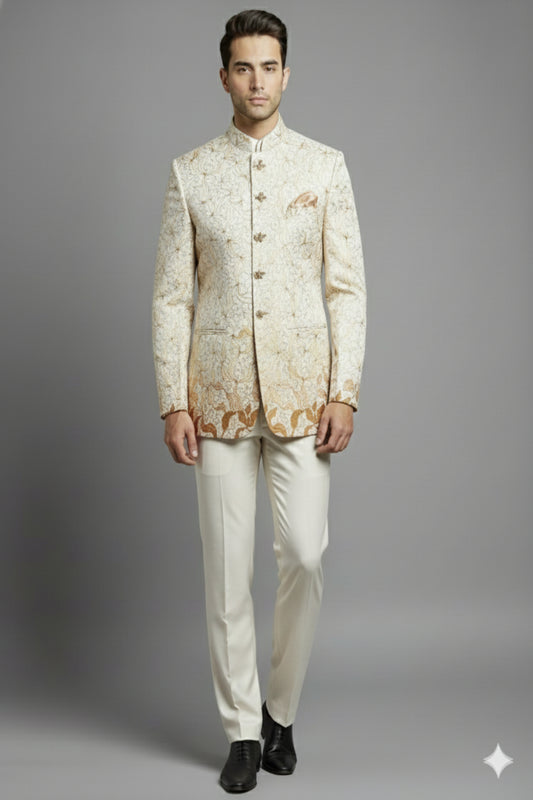 Stitched Designer Suit With Unstitched Pant Fabric – Cream Gold