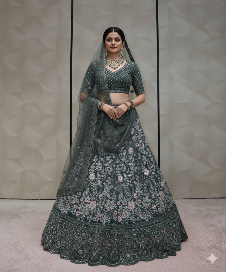Dusty Green Floral Embroidered Lehenga  - Crafted Just for You. Minimum Delivery 20 Days