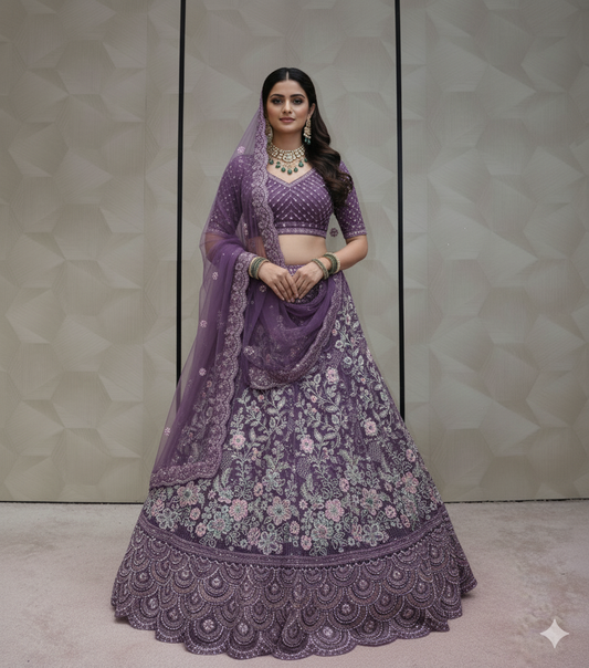 Lavender/Mauve Floral Embroidered Lehenga  - Crafted Just for You. Minimum Delivery 20 Days