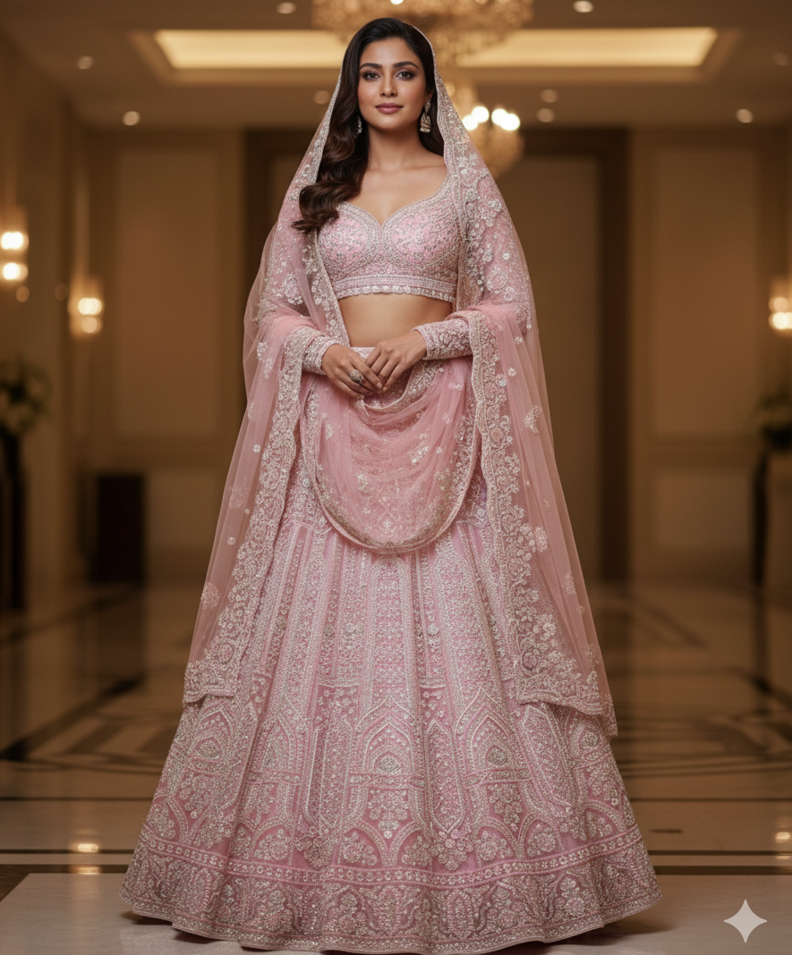 Soft Baby Pink Monochromatic Embroidered Lehenga - Crafted Just for You. Minimum Delivery 20 Days