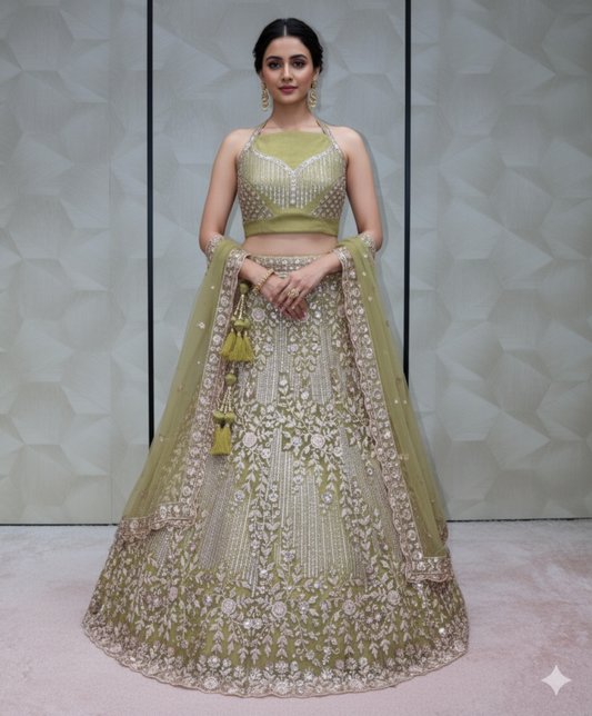 Desert Bronze Net Embellished Bridal Lehnga - Crafted Just for You. Minimum Delivery 20 Days
