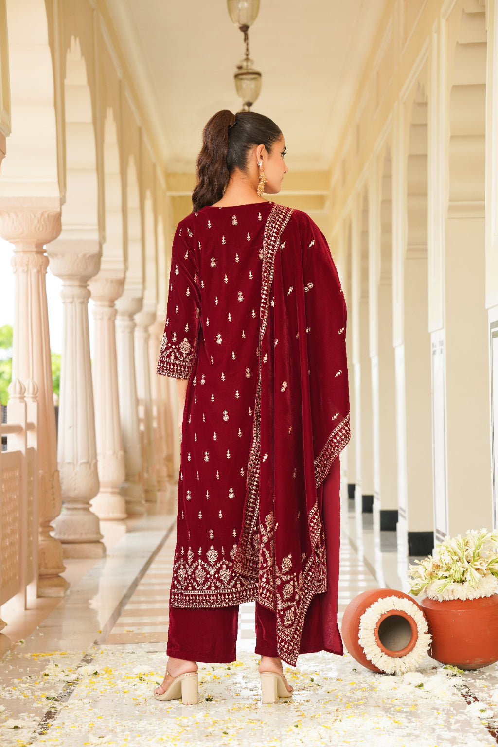 Maroon Embroidered Velvet Straight Suit Set