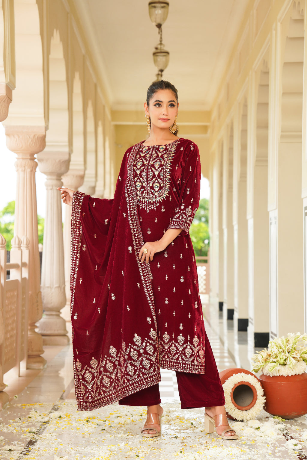 Maroon Embroidered Velvet Straight Suit Set