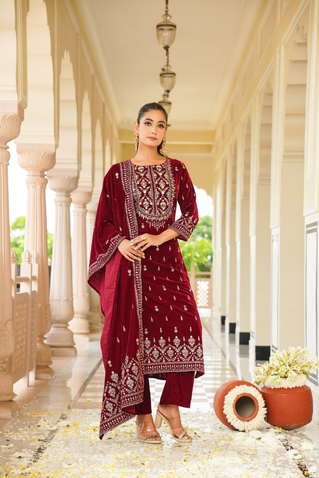 Maroon Embroidered Velvet Straight Suit Set