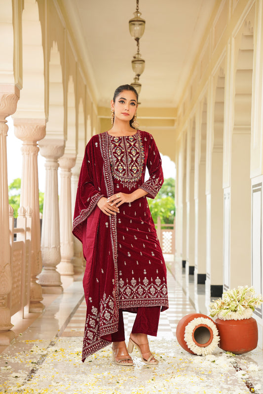 Maroon Embroidered Velvet Straight Suit Set