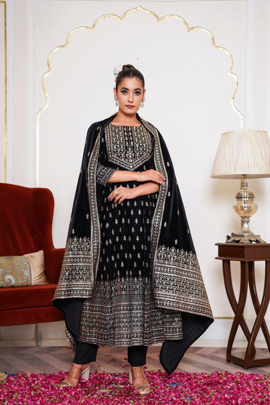 Black Embroidered Velvet Anarkali Suit Set