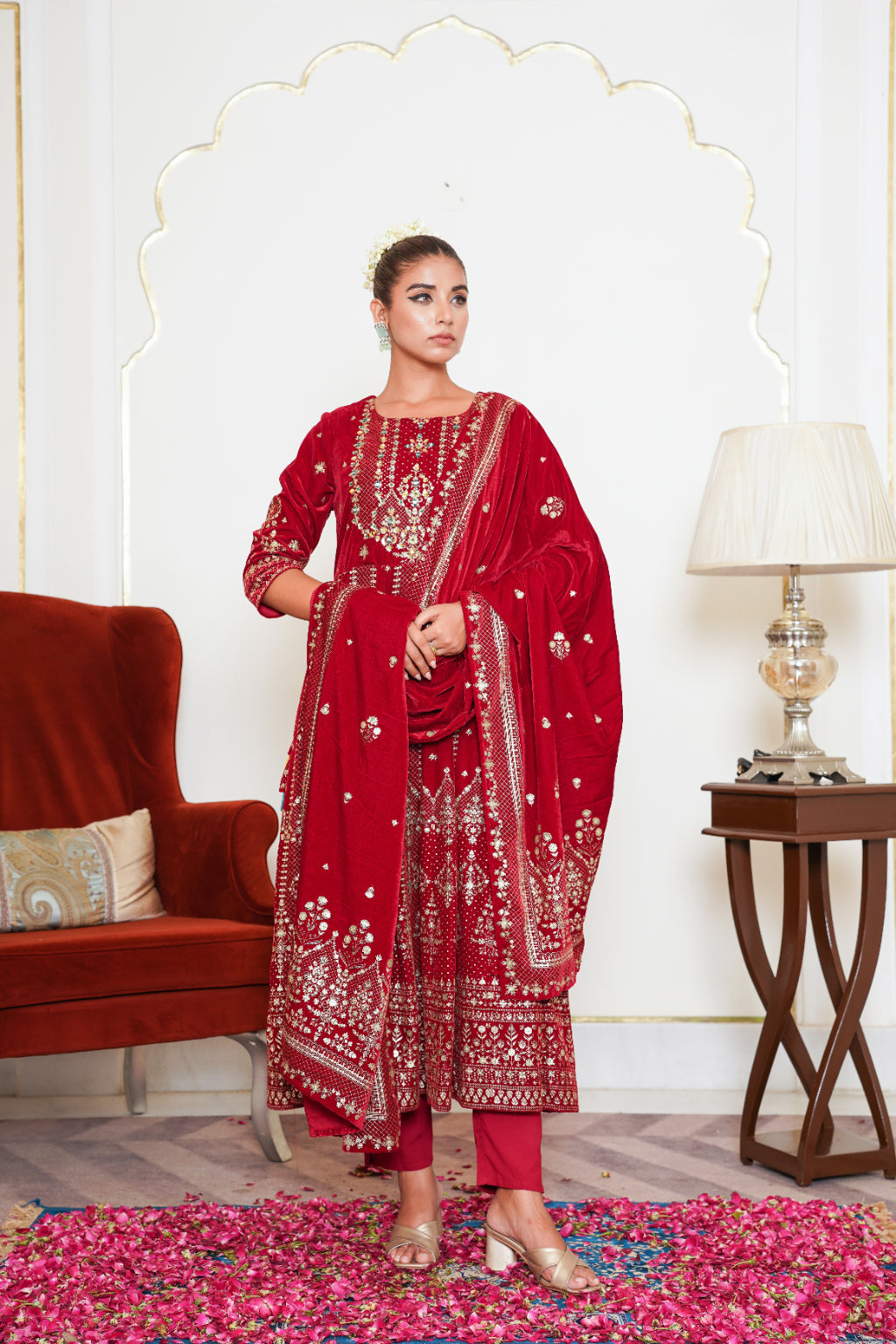 Red Embroidered Velvet Anarkali Suit Set