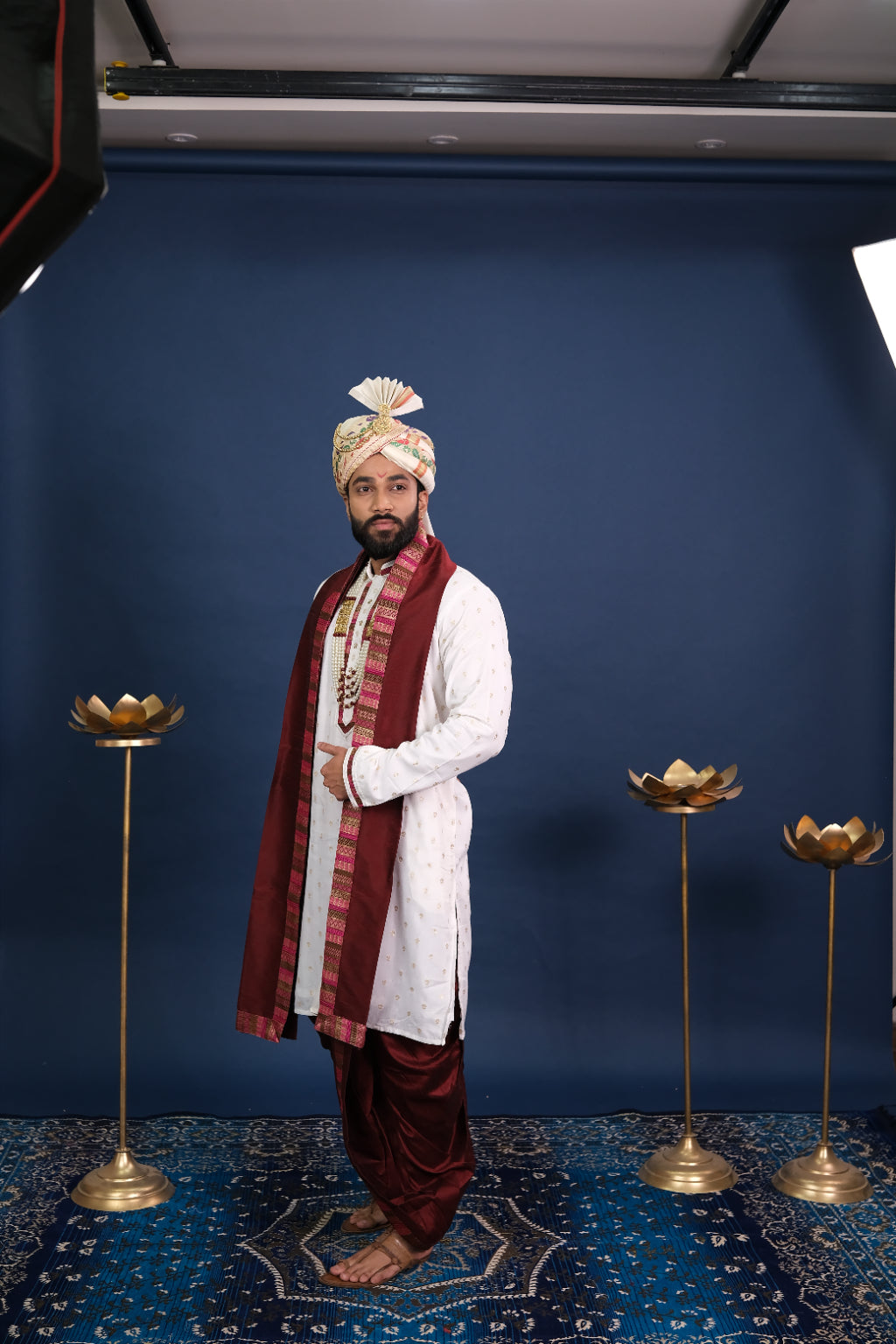 Classic White Sherwani with Maroon Traditional Draping